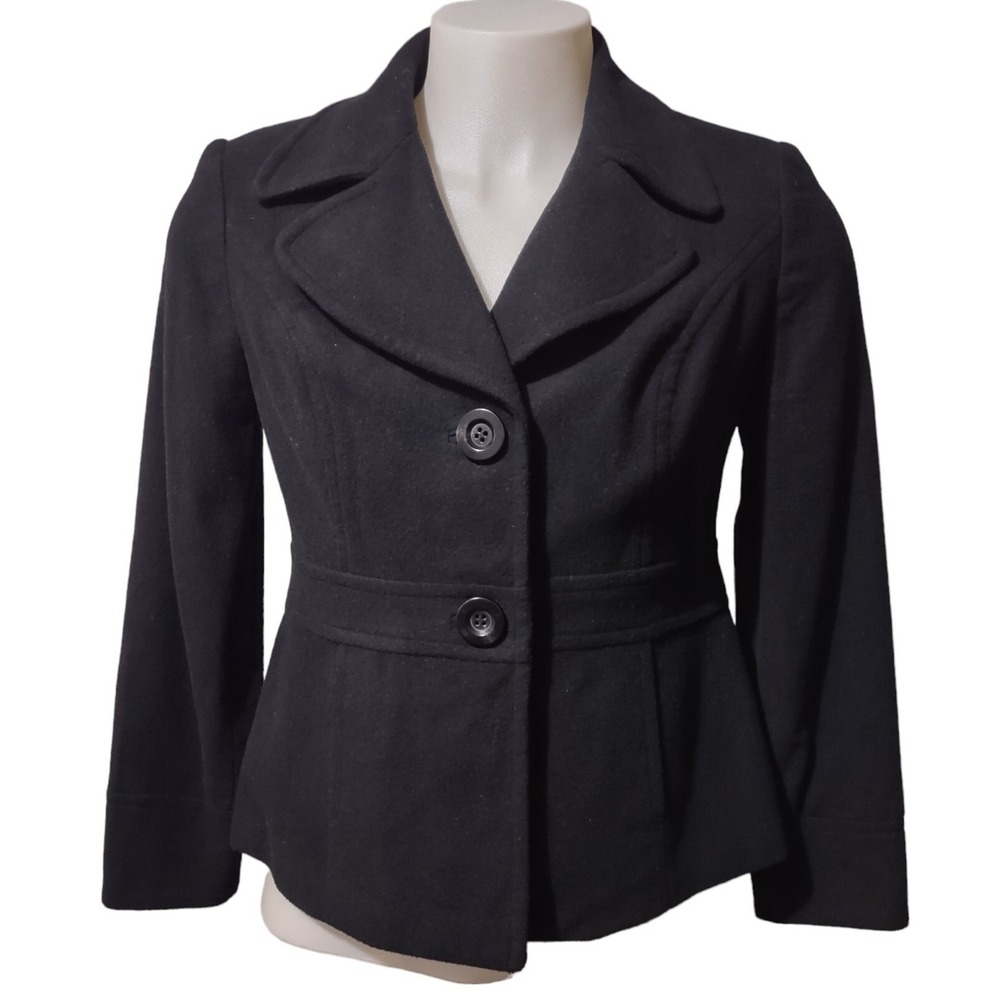 East 5th Pea Coat Jacket Womens Size M Black Wool Blend Peplum Professional Bold